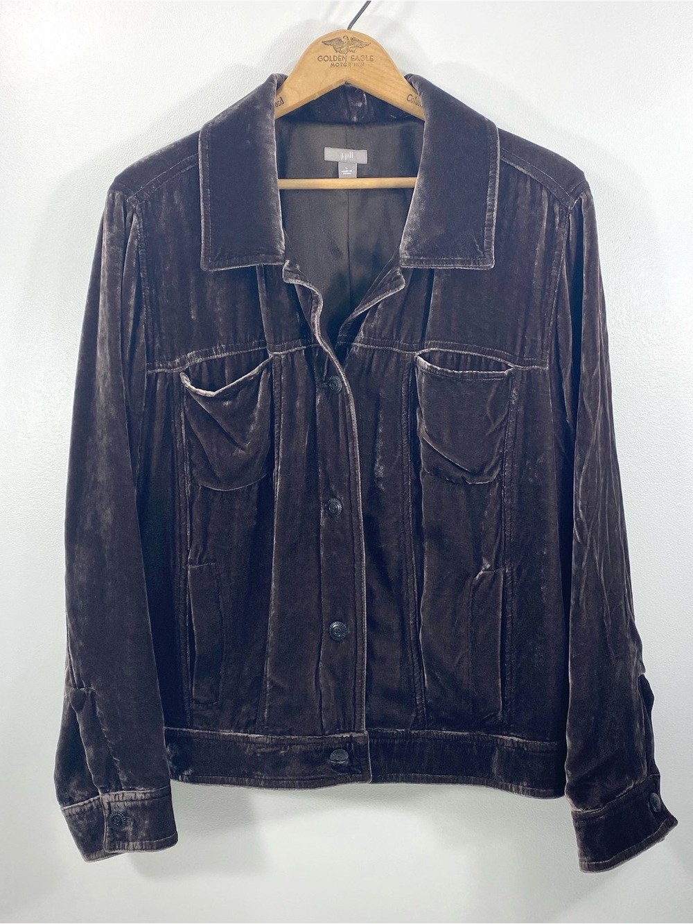 J Jill Espresso Brown Crushed Velvet Button Front Jacket Blazer Topper Shacket L